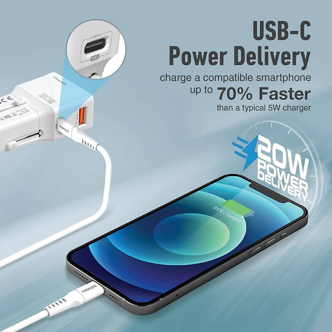 Promate International Travel Adapter With Type-C 20W Pd Port, TRIPLUG-PD20.WHITE Chargers & Power Supplies "BAE" Charm Bracelet 3