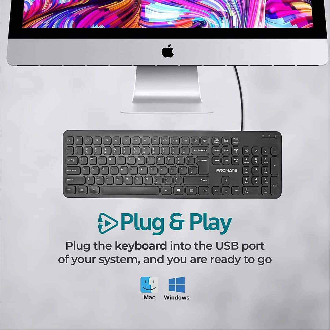 Promate Wired Keyboard, Ultra-Slim Full-Size 106-Keys Quiet Keyboard with 1.6m USB Cord Length, EASYKEY-4.E/A Computer Accessories "BAE" Charm Bracelet 2