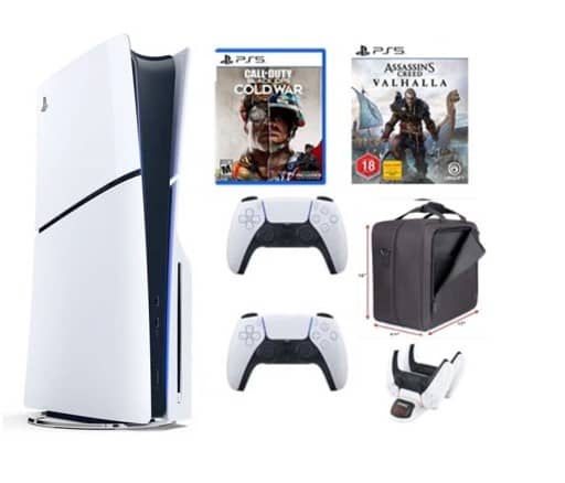 Sony PlayStation 5 Console Disc Slim 1TB with Extra Controller (International Edition) with Bag, Charger Dock Station and & 2 Games Consoles "BAE" Charm Bracelet
