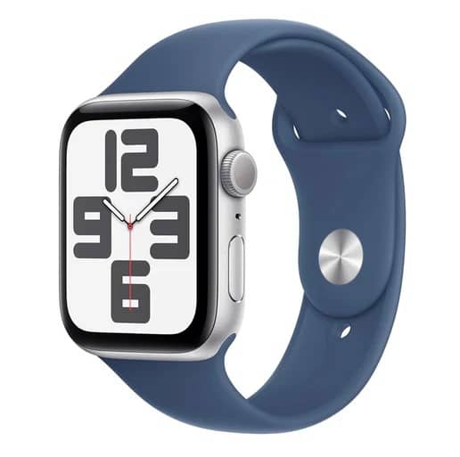 Apple Watch SE, GPS, 44mm, Silver Aluminium Case, with Denim Sport Band Electronics "BAE" Charm Bracelet