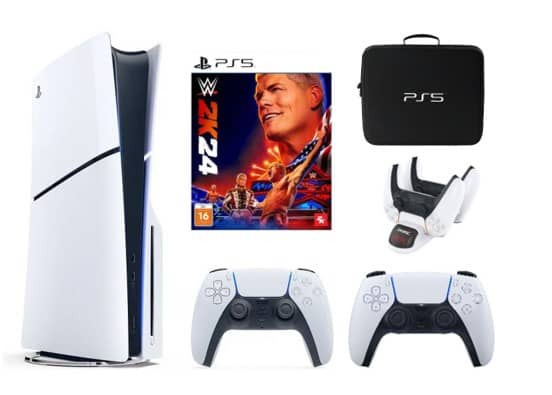 Sony PlayStation 5 Console Disc Version Slim 1TB with Extra Controller (International Edition) with Bag, Charger Dock Station and WWE2K24 Game Consoles "BAE" Charm Bracelet
