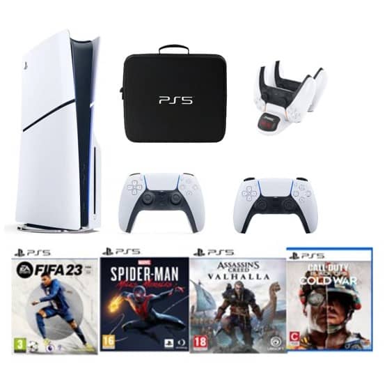 Sony PlayStation 5 Slim Disc 1TB with Extra Controller (International Edition) Bag, Charger Dock Station and 4 Games Consoles "BAE" Charm Bracelet