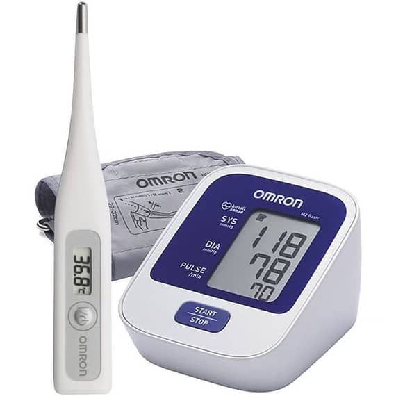 Omron BP Monitor M2 Basic + AC Adaptor For M2 Basic + Omron Digital Thermometer Eco Temp Basic Household "BAE" Charm Bracelet