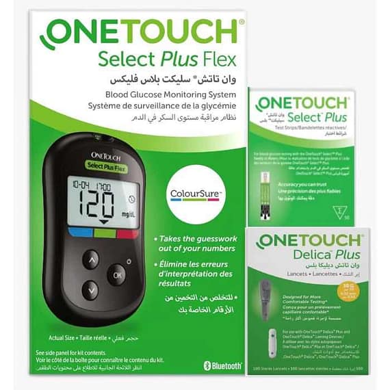 OneTouch Select Plus Flex Glucose Monitor + 50 Strips + Lancet 100s Household "BAE" Charm Bracelet