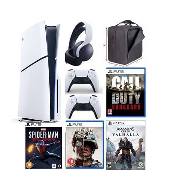 Sony PlayStation 5 Console Slim Disc 1TB (International Edition/TRA) with Extra Controller, Pulse Head Set, Bag, Charger Dock Station and 4 Games Consoles "BAE" Charm Bracelet