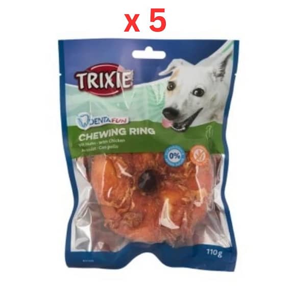 Trixie Denta Fun Chewing Ring with Chicken Dog Chew 110G Pack Of 5 Dogs Treats "BAE" Charm Bracelet
