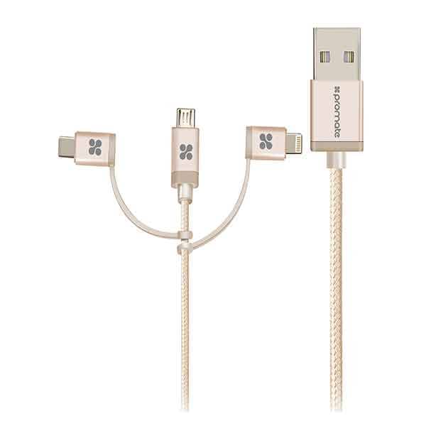 Promate USB-C Type C, Micro USB, Apple MFi Lightning Cable 3 in 1 Trip Accessories Accessories